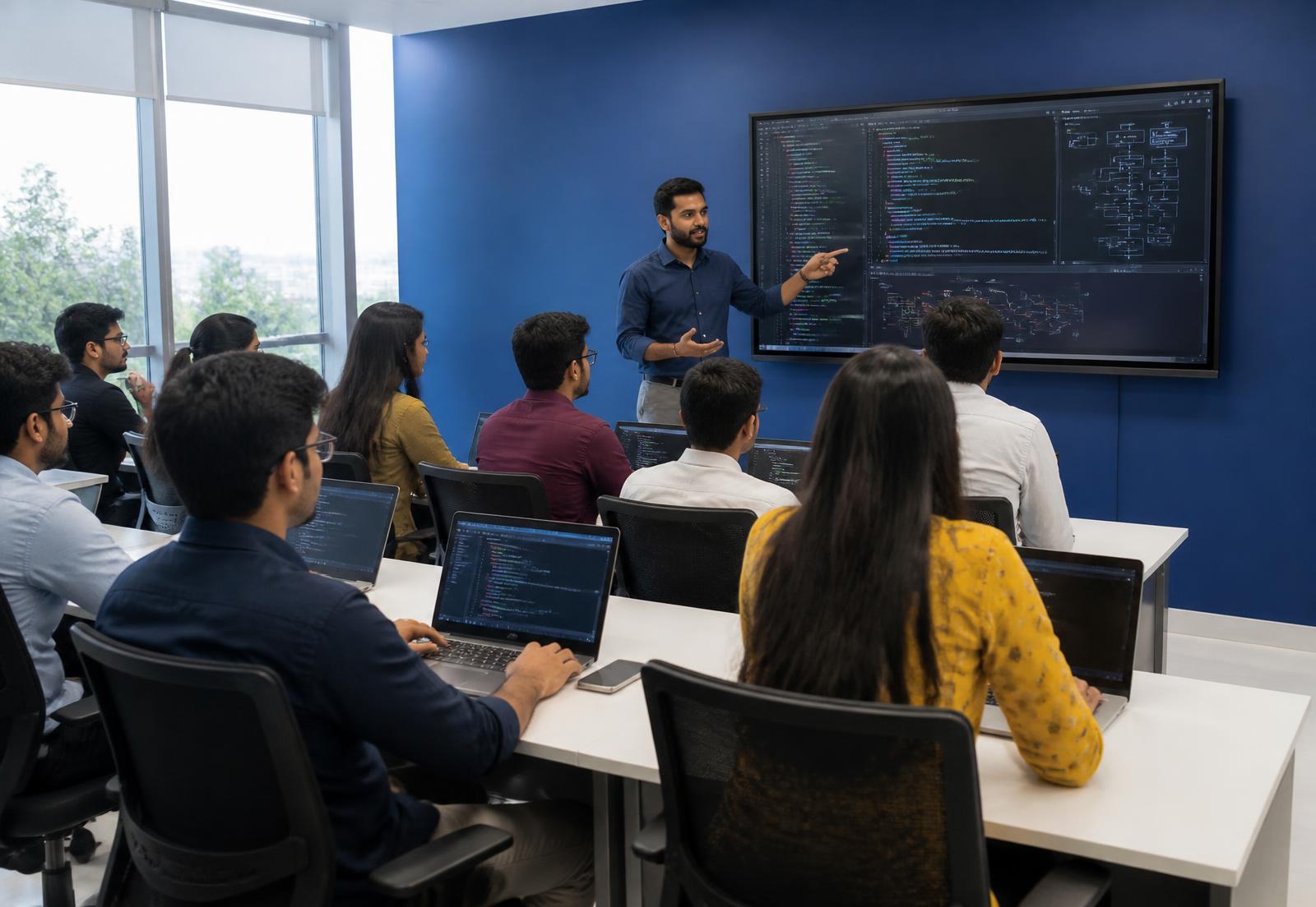 Students learning in a FutureGen Technologies classroom with a trainer