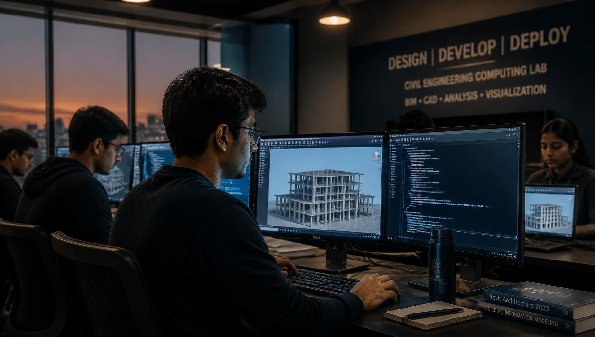 Students working on BIM models and code in the FutureGen lab