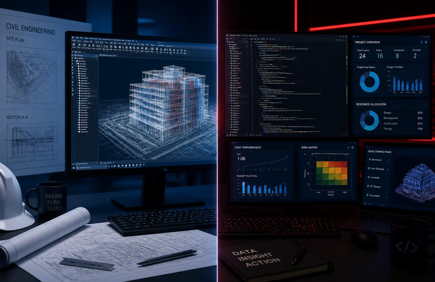 BIM building model and software development dashboards side by side